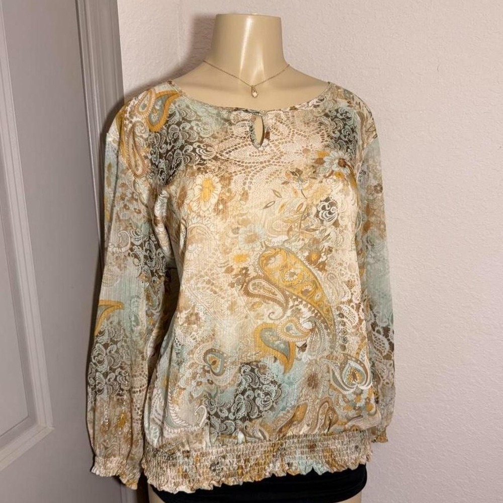 Y2K cream, blue, and gold paisley blouse with ruffle trim!